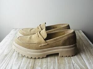 Patina Shoes Handmade Suede Lug Sole Penny Loafers Model 1345 Size 10 Beige Tan